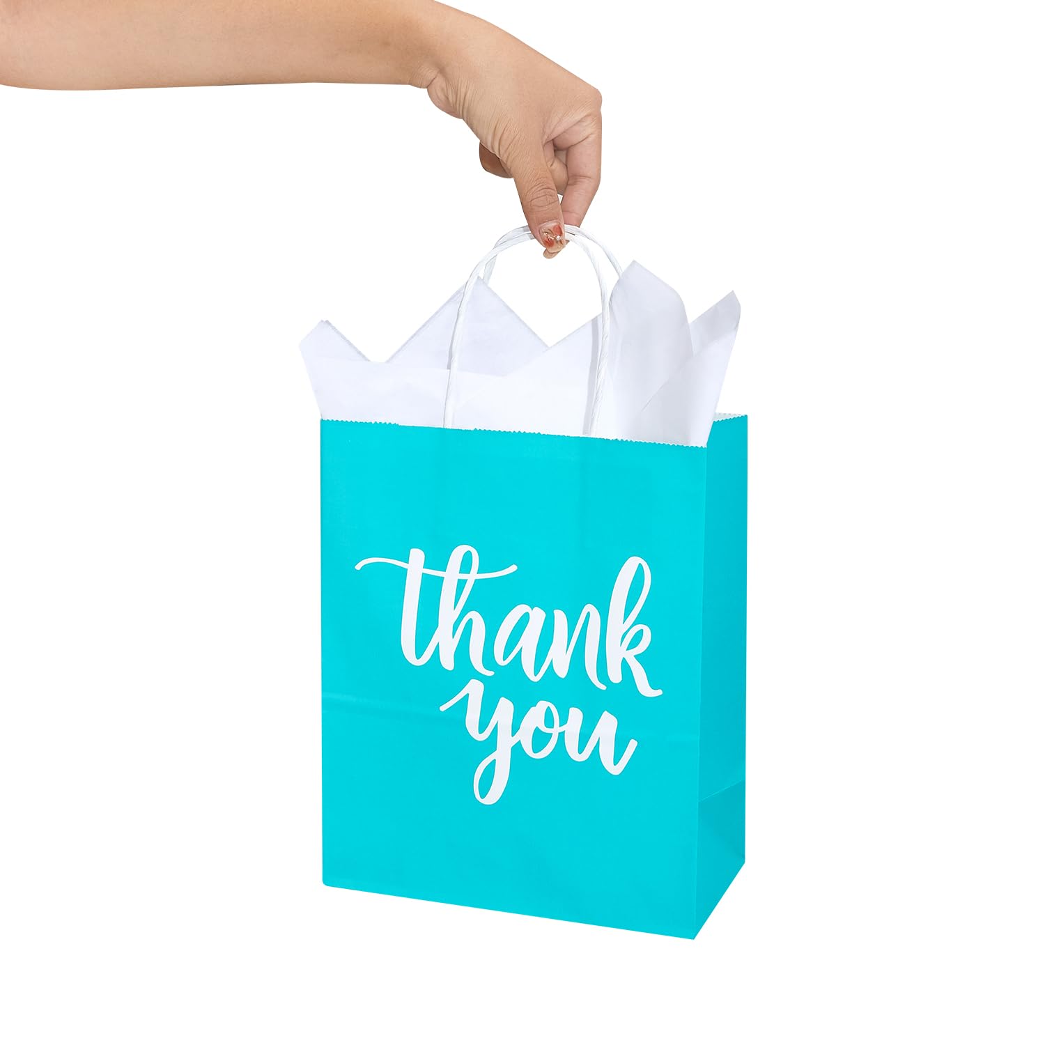 DjinnGlory 50 Pack Medium Sized Teal Blue Gift Bags Thank You Paper Bags with Handles 10''x8''x4'' and 50 White Tissue Paper for Small Business Shopping, Wedding Baby Shower Party Favors (Teal)