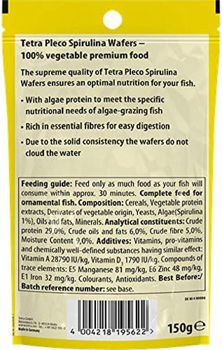 Tetra Pleco Fish Food Spirulina Wafers 42g, 100% Vegetable Premium Fish Food for Bottom Feeding Fish