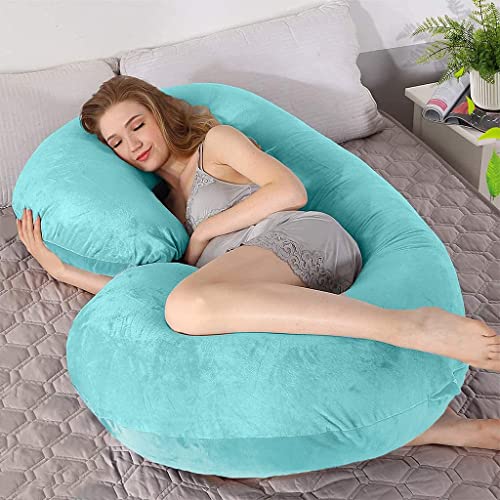 Image of C-Shaped Sleeping Pregnancy Pillow| Removable Washable Velvet Cover with Zipper| PregnoCare Fibres| Maternity, Nursing| Full Body Soft Support Bump, Head, Back, Shoulder, Hips, Legs & Belly (Sky Blue)