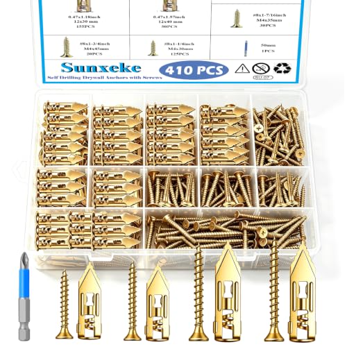Sunxeke 410PCS Self Drilling Drywall Anchors and Screws Kit, Heavy Duty Wall Anchors for Drywall, Zinc Plated Self Drilling Anchor Screws, No Drill Needed for Picture Hanging & Furniture Fixing