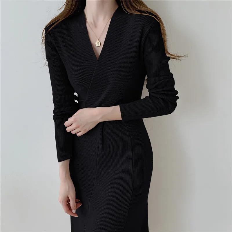 Vestido de punto delgado con cuello en V para mujer, manga larga, negocios, casual, otoño, vestidos