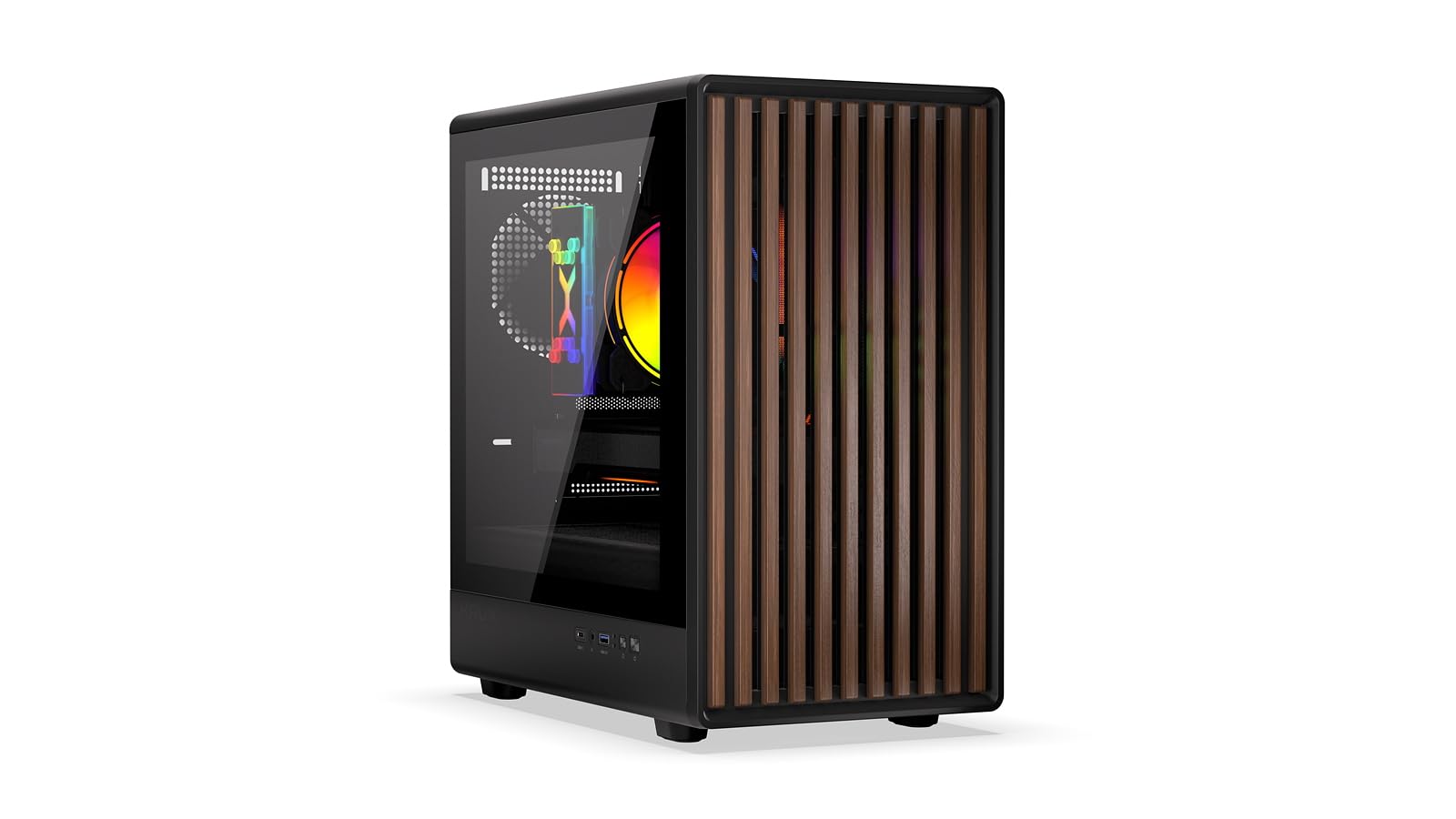 KRUX Helio, microATX Mini ITX Gehäuse, Echtholz Design, Glasfenster, 120mm PWM Lüfter, USB-C, USB 3.0, GPU bis 320mm, CPU bis 175mm, Staubfilter, Schwarz mit Holz-Front