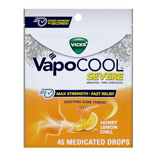 Vicks VapoCool Severe Medicated Sore Throat Drops, Max Strength Menthol, Soothes Sore Throat Pain, Honey Lemon Flavor, 45ct