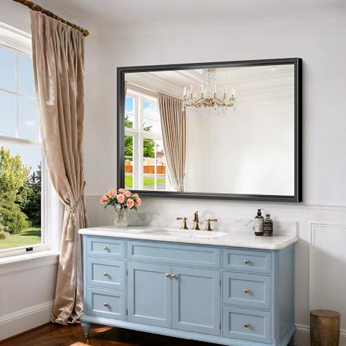 Image of Black Rectangle Mirror, 48 x 36 Inch Large Bathroom Mirrors for Over Sink, 0.6 inch Thickened Deep Frame Rectangular Wall Mirror, Brushed, Tempered Glass, Antirust, Horizontally /Vertically