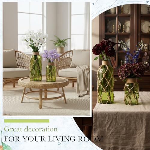 Image of Chuangdi Set of 2 Coastal Glass Flower Vase with Boho Rope, Olive Green