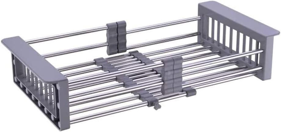 Dish Drying Rack, Adjustable Stainless Steel Drainer Basket Drain Tray for Dish Vegetable Fruit, 18.2" x 8.9", On Counter Dish Rack or in Sink Over Sink Kitchen Basket Grey