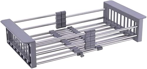 Escurridor de platos, bandeja de drenaje ajustable de acero inoxidable para platos, verduras y frutas, 18.2 x 8.9 pulgadas, estante para platos en