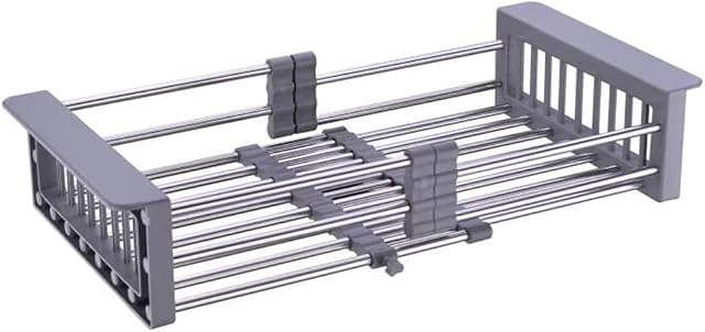 GULICA Dish Drying Rack, Adjustable Stainless Steel Drainer Basket Drain Tray for Dish Vegetable Fruit, On Counter Dish Rack or in Sink Over Sink Kitchen Basket Dish Drying Rack Grey