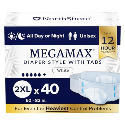NorthShore MegaMax 12-Hour HBL Adult Diapers for Heavy Bladder Leaks, 2X-Large, 40 Count, White, 60-82 inches, Tab-Style Incontinence Underwear for Men, Women & Teens