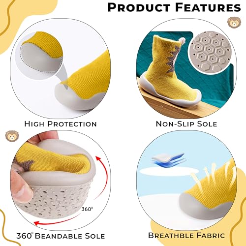 Image of BEMBIKA Baby Sock Shoes - Soft, Stretchy, Cotton Baby Sock Shoes for Infants - Baby Booties with Socks for Children, Ideal Kids Walking Sneakers Floor Socks for Indoor Use-(Turmeric Lion Size 18-19)