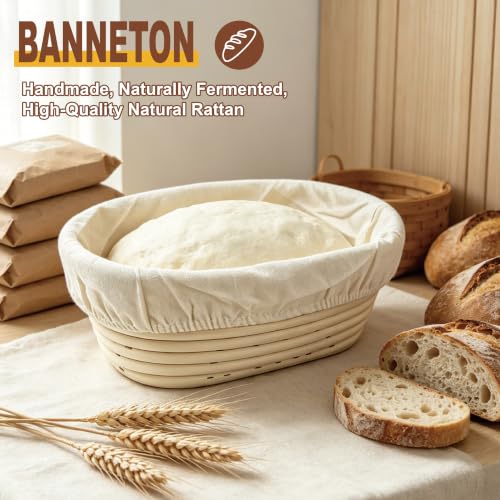 Image of 2 Pack 10 Inch Oval Sourdough Banneton Bread Proofing Basket Set with Bread Lame, Scrapers, Danish Whisk & Flour Brush