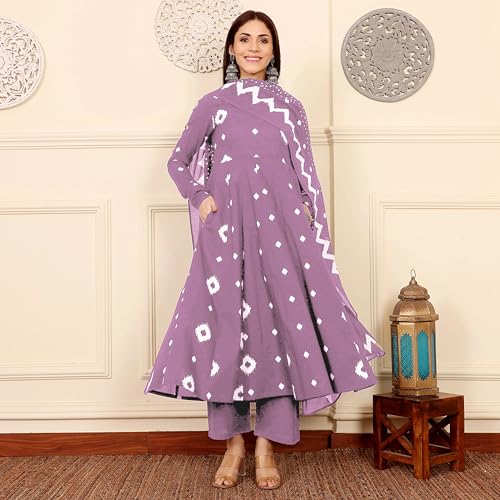 Image of ANNI Designer | Rayon Anarkali Printed Kurta with Pant & Dupatta | Cotton Kurta Set for Women | Stylish Co-Ord Set with Dupatta Ethnic Dress for Women