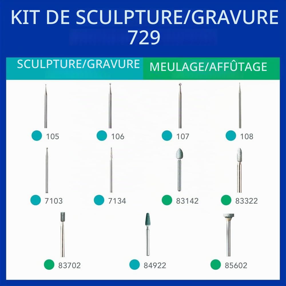 Dremel 729-01 Kit d'accessoires pour outil rotatif de sculpture et de gravure avec embouts de gravure et pierres à meuler, idéal pour le bois, le métal et le verre