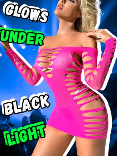 Kaei&Shi Sexy Club Outfits For Women,Mesh Cutout Mini Dress,Off Shoulder Birthday Bodycon Dresses Neon Pink thumb #3