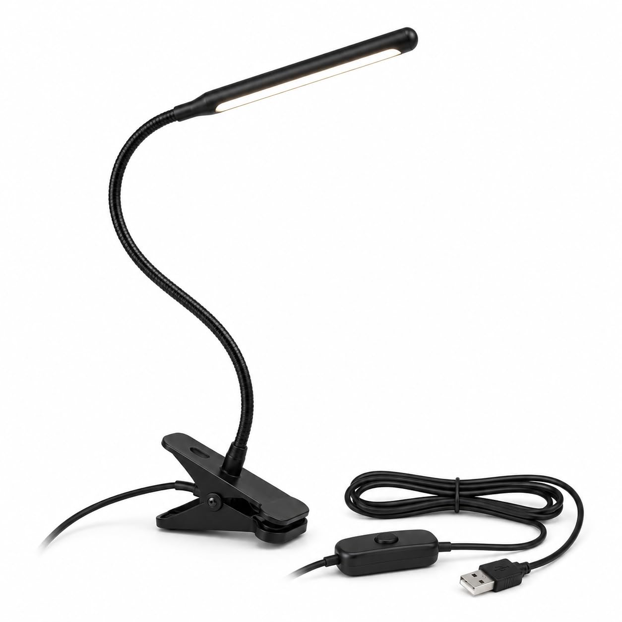Wajha USB LED Desk Lamp Clip On Reading Light with Flexible Gooseneck & Inline Switch, Adjustable Clamp Lamp for Bedside Table, Headboard, Study, Office & Book Reading, Black/Silver