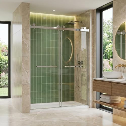 Image of Sliding Shower Door for 56-60 inch W x 72 inch H, Bypass Design with Dual 6mm Tempered Glass Panels, Adjustable Square Track, Brushed Nickel Stainless Steel Frame, Space Saving Bathroom Upgrade