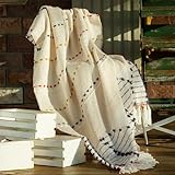 Amélie Home Boho Throw Blanket for Couch, Bohemian Decorative Summer Throw Blanket, Handmade Colorful Striped Blanket, Soft Lightweight Blanket for Sofa Chair Bed, 50x60, Beige