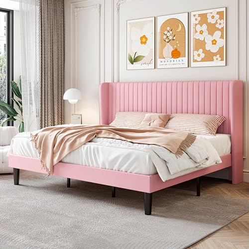 Image of SHA CERLIN King Size Velvet Bed Frame, Tufted Wingback Headboard, Pink | 47'' Modern Vertical Channel Headboard, Upholstered Platform Bed, Wood Slats, No Box Spring Needed, Easy Assembly, Noise Free