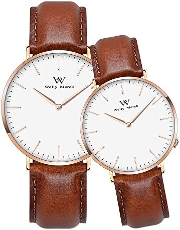 Welly Merck Couple Watches Valentines Day Gifts for Her and His Pair Watch Swiss Quartz Movement 36 & 42 mm White & Black Dial Silver Mesh Interchangeable Watch Band 50M Water Resistant