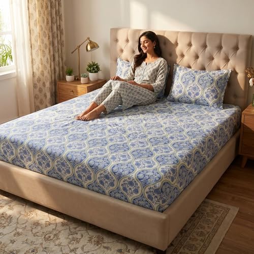 Image of Mafatlal 186 TC Grace Cotton Bedsheet for Double Bed | Pure Cotton Fabric | 90 x 100 Inches | Soft, Durable & Comfortable | Includes 2 Pillow Covers | Baja Blue