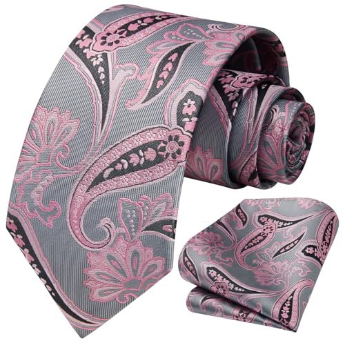 Image of HISDERN Extra Long Ties for Men Classic Floral Tie and Pocket Square Elegant Silk Necktie Handkerchief Set Wedding Party