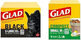 Glad Black Garbage Bags - Extra-Large 135 Litres - 20 Trash Bags, Made in Canada of Global Components & 100% Compostable Bags - Small 10 Litres - Lemon scent, 100 Compost Bags