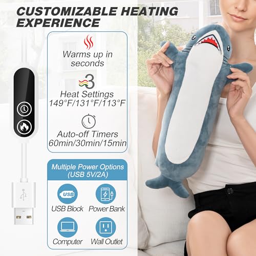 Image of Shark Heating Pad Plush, Cute Heated Stuffed Animal, USB Powered Electric Heating Pad with 3 Heat Levels & Timer, Soft Warm Plush Cushion Gift for Women Teen Girls