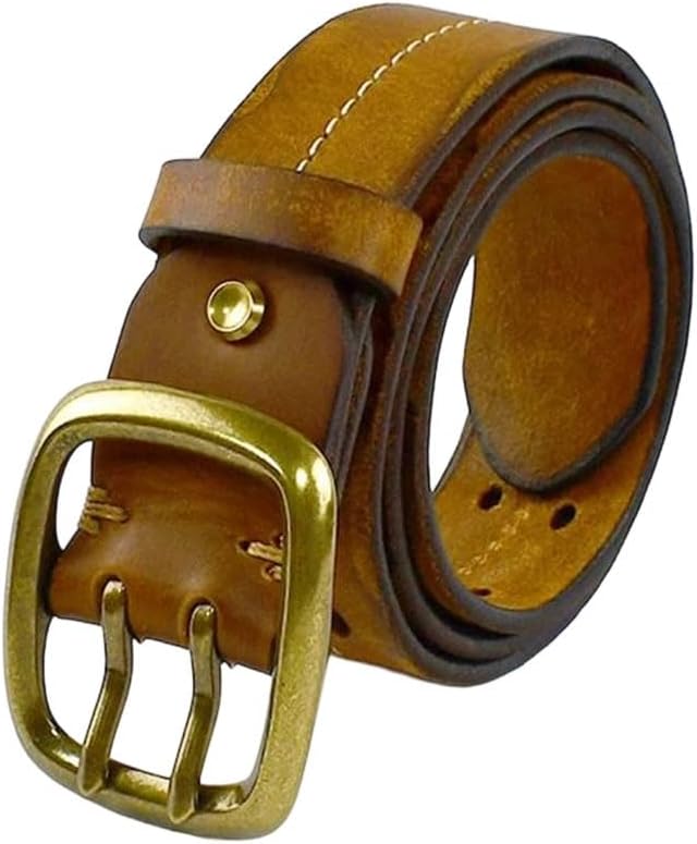 Men's vintage Double Needle Buckle Genuine Leather Solid Cowhide Thick Jeans Waistband Casual Belt