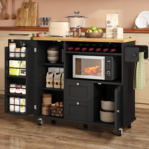 Rolling Kitchen Island with Storage Cabinet, 41.3” Width Kitchen Cart with Desktop Drop Leaf Countertop, Portable Mobile Island with Towel Rack, Spice Rack Shelf and Lockable Wheels, Black