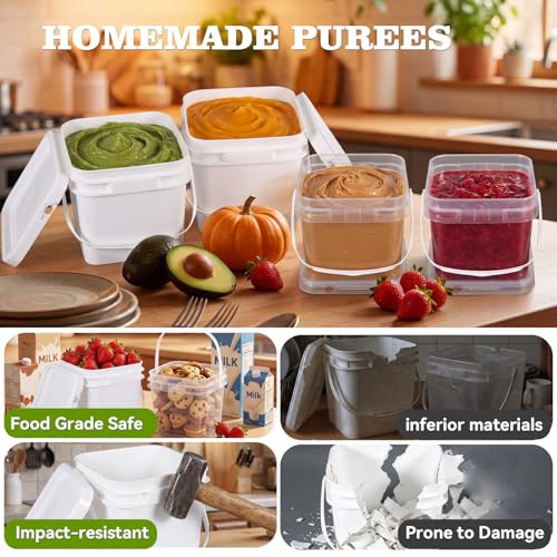 Image of ASEVAT 6 Pack Square Plastic Buckets with Lids & Handles, 1L /2L /3L White & Clear Food-Grade Storage Pails, Stackable Airtight Containers for Food, Pantry & Cleaning Supplies