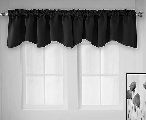 Miniatura 5 de VDS Negro, 1 panel, 42 x 18 pulgadas, cenefas opacas para ventanas, cenefa festoneada con bolsillo para cortinero o poste, cortina corta para