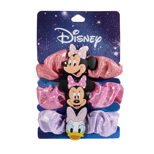 Image of Disney Minnie Mouse Scrunchies Satin No Damage Hair Ties for Girls | Officially Licensed, Smooth Satin, Sparkling Character Badge, No-Crease Hold, Gentle Stretch, Secure Fit