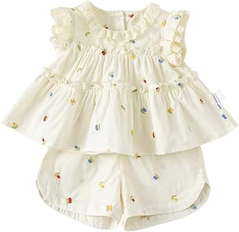 Toddler Baby Girls Sweet Clothes Outfits Colorful Flower Ruffled Sleeveless Top Wide Leg Shorts Kid Infant 2 PCS Set