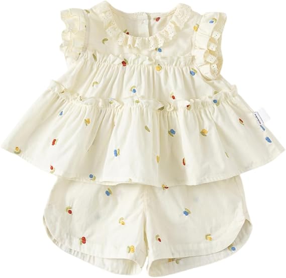 Toddler Baby Girls Sweet Clothes Outfits Colorful Flower Ruffled Sleeveless Top Wide Leg Shorts Kid Infant 2 PCS Set