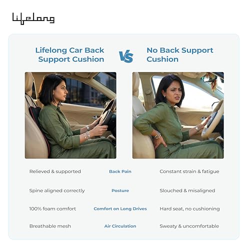 Image of Lifelong Back & Lumbar Support Car Seat Cushion | Memory Foam Car Pillow for Back Side | Office Chair & Seat Backrest for Back Pain Relief, Comfortable Long Drive & Daily Commute | Washable Cover