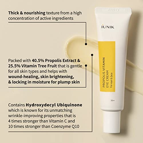 Iunik Propolis Vitamin C Face & Eye Cream With Vegetable Oil, Idebenone 1.01 Fl Oz Dullness Dark Circles Puffiness Smooths Under Eyes 24 Hour Hydration For Sensitive Oily Acne-Prone Skin Vegan #TOP3