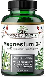 Source of Nature® | Magnez 6-1 210mg | 6 najbardziej bioaktywnych rodzajów magnezu | 180 kapsułek | 3 miesiące | L-treonian magnezu, jabłczan, taurynian, diglicynian, cytrynian i tlenek magnezu