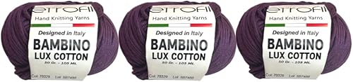 Paquete de 3 hilos de algodón Bambino Lux, tejido y ganchillo, mezcla acrílica de algodón orgánico, bebé y amigurumi, 5.29 oz, 1,033.5 ft (morado
