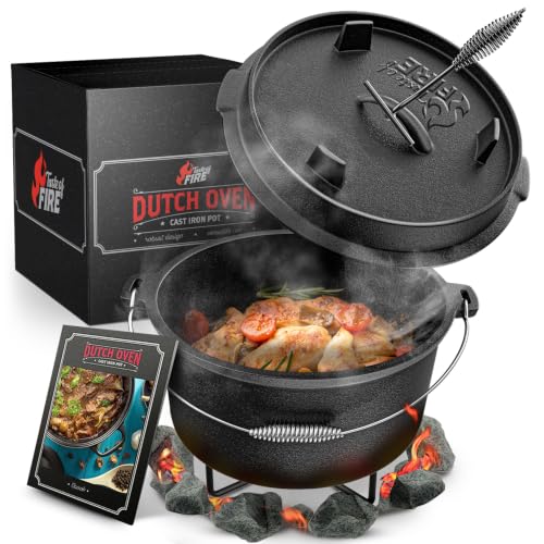 Taste of Fire [L'Originale] - Set Pentola Olandese in Ghisa da 7,4 Litri con Piedini & Coperchio da 1,8 Litri a Doppia Funzione Utilizzabile come Griglia (7,4 L incl. supporto per pentola)