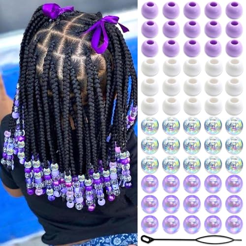 Auroriel 60 Pieces Hair Beads for Kids Girls Braids Round Purple White Transparent Acrylic 4 Styles with Threading Tool