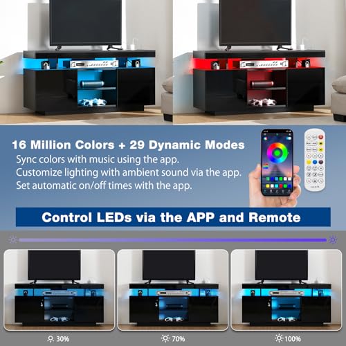 HOMMPA LED TV Stand for 55/50/43/40/32 inch TV Modern Entertainment Center with Power Outlets, Gaming TV Consoles with Storage Media Table with LED Lights Game Cabinet for Living Room Black - Image 4