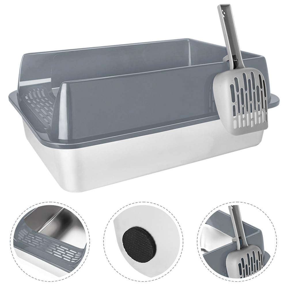 Maison de Toilette pour Chat,Bac à Litiere Haute en Acier Inoxydable, Bac Litiere pour Chat, Cat Litter Box, Pelle, 60 x 40 x 30 cm (Acier Inoxydable) (Gris)