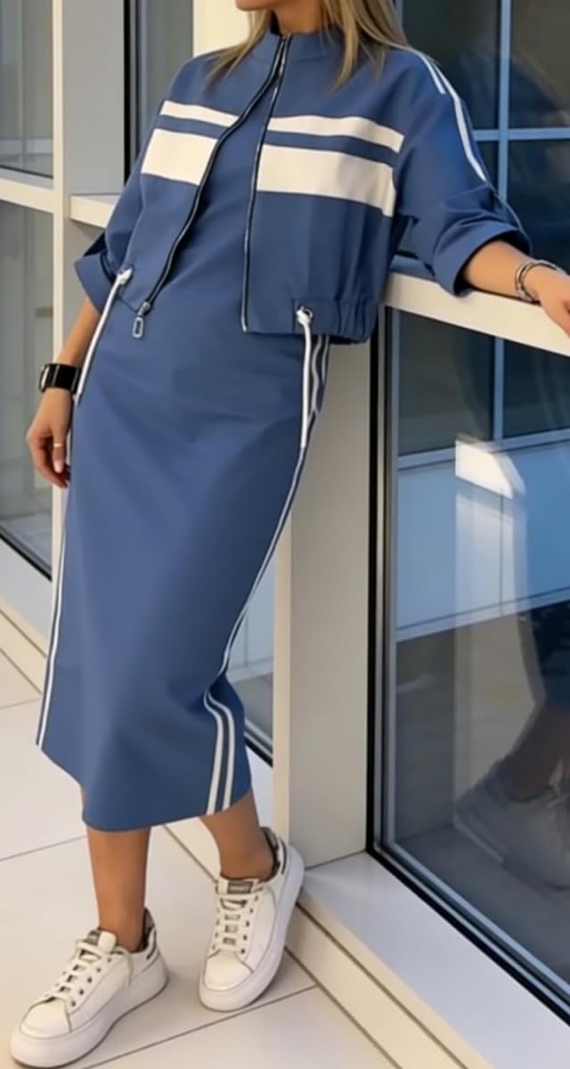 2026 Damen Stehkragen Jacke & Kleid Set Quadratischer Ausschnitt Ärmellos Bodycon Midikleid und Bomberjacken Set