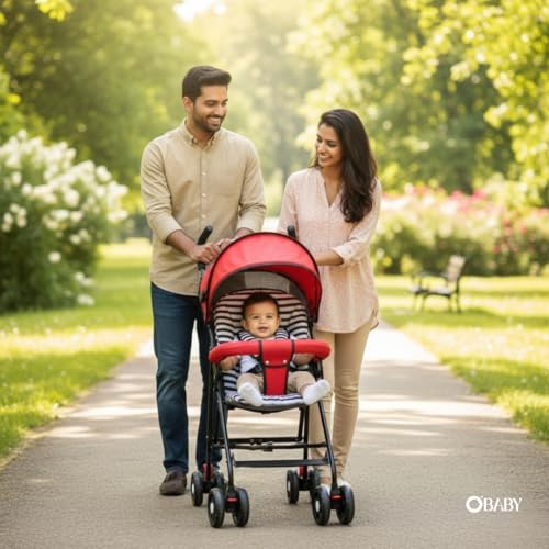 Image of OBABY Stroller with Reclining Seat, Adjustable Canopy, Safety Harness, Smooth Wheels, Compact Folding Design (Foldable-Grey)