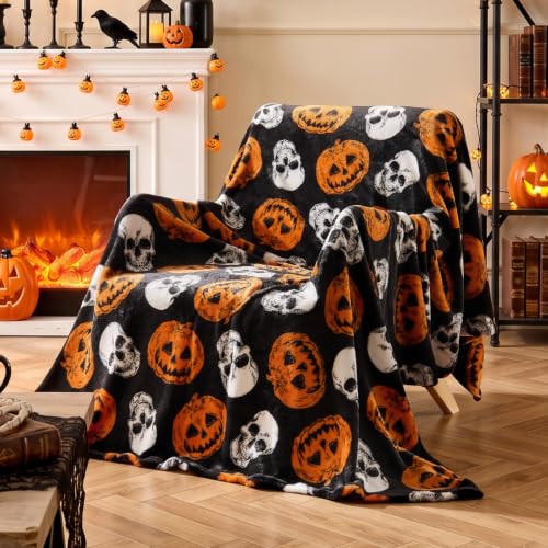 Image of BEDELITE Pumpkin Skull Halloween Throw Blanket, Black, 50 inchx60 inch