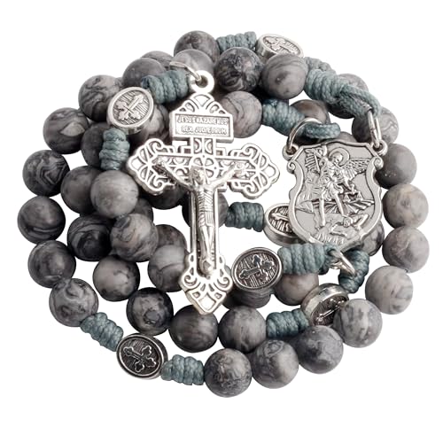 HanlinCC Catholic Rosary Natural Map Stone Prayer Beads Paracord Necklace