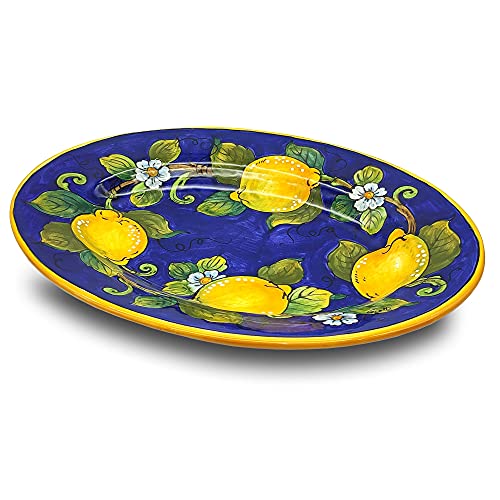 Large Oval Ceramic Tray for kitchen - Italian dinnerware meat serving - Lemons On Blue serving tray - Hand painted Tuscan pottery bowl - Made in Italy plates - Ceramics salad tuscany
