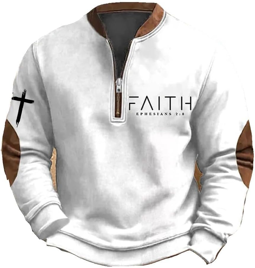 Christian Jackets for Men Faith Print Casual Jesus Cross Zip Up Long Christian Sweaters for Men Crewneck Fall Winter