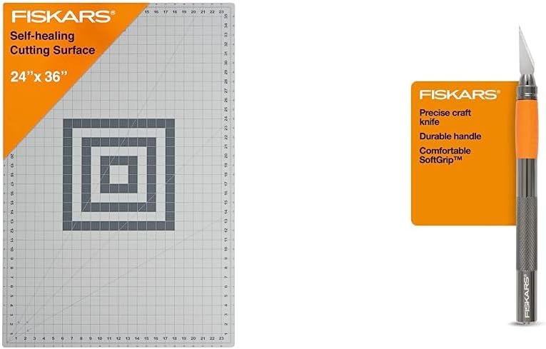 Fiskars Self Healing Cutting Mat with Grid for Sewing, Quilting, and Crafts + Fiskars SoftGrip Detail Craft Knife
