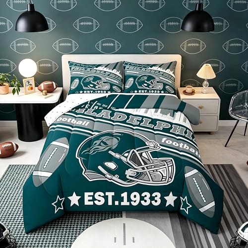 Feelyou Football Bedding Set Twin Size Boys Girls Rugby Sports Philadelphia Comforter Set Women Men Football City Duvet Quilt Bedroom Decor